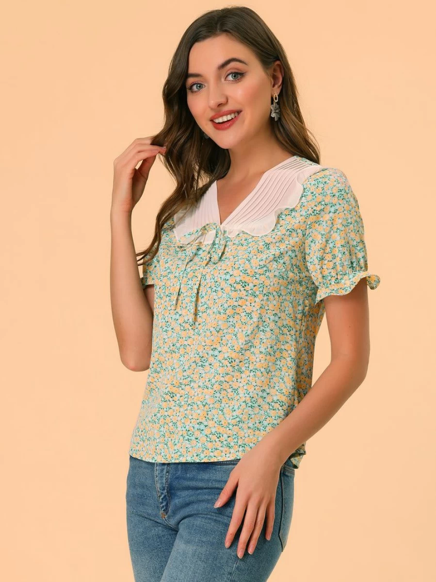 Allegra K Women's Blue Floral Chiffon Blouse with Ruffle V-Neck and Short Sleeves
