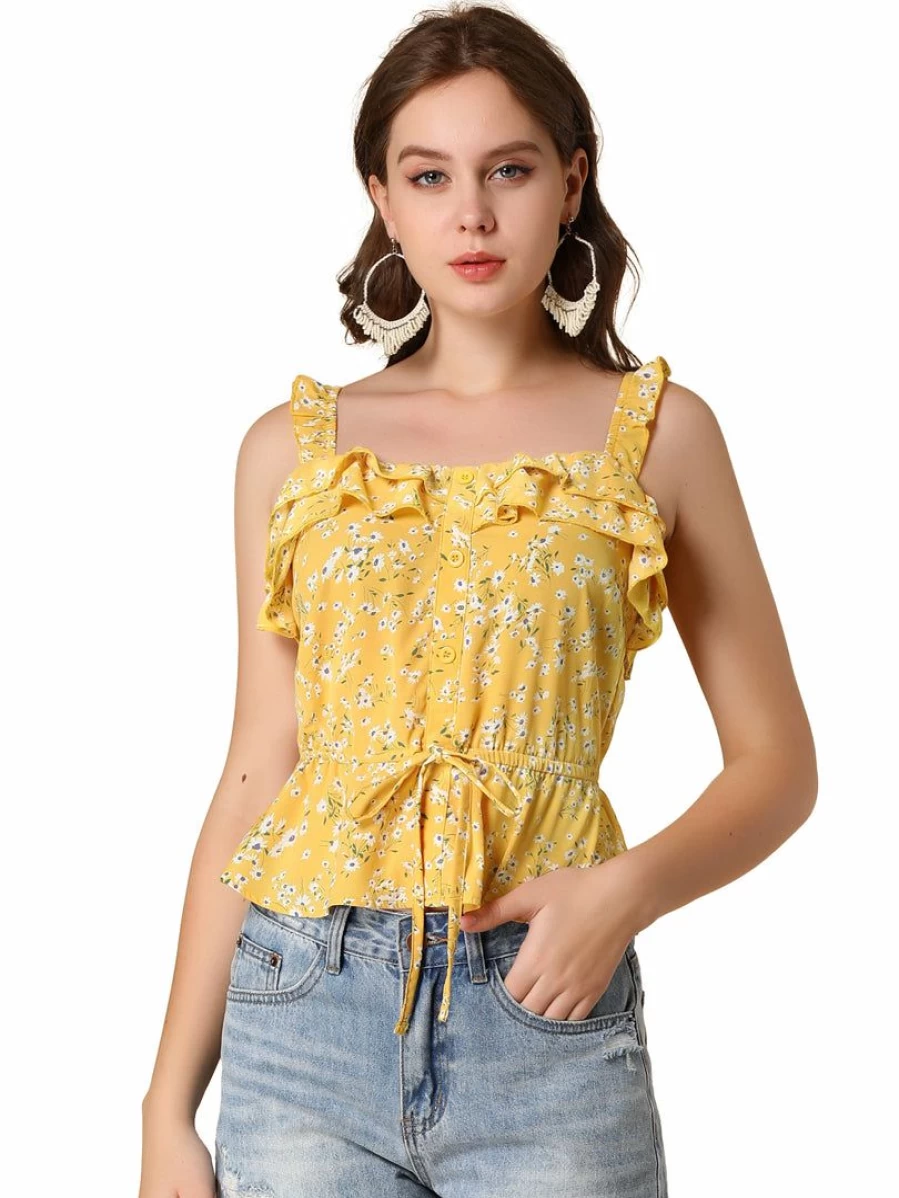 Yellow Floral Peplum Blouse for Women - Ruffled Strap Tie Waist Tank Top
