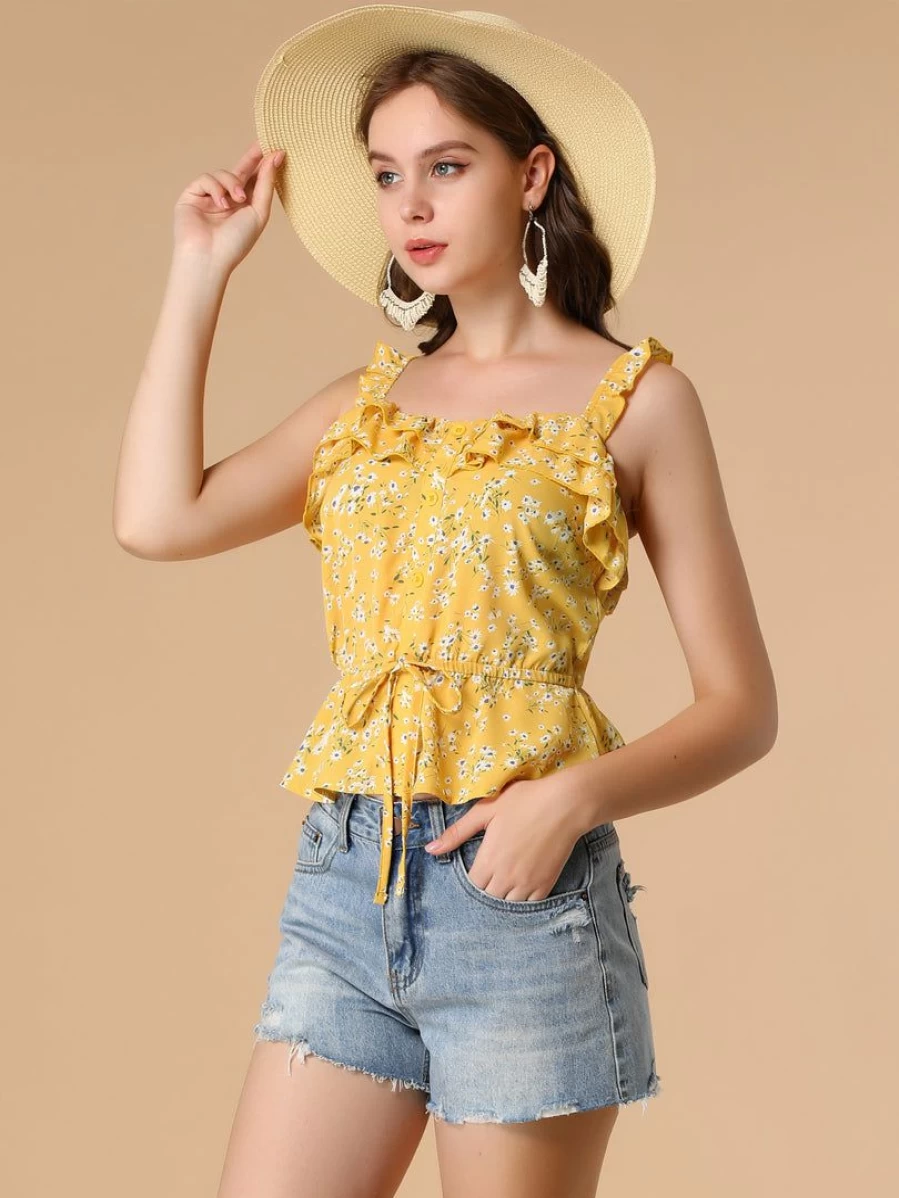 Yellow Floral Peplum Blouse for Women - Ruffled Strap Tie Waist Tank Top