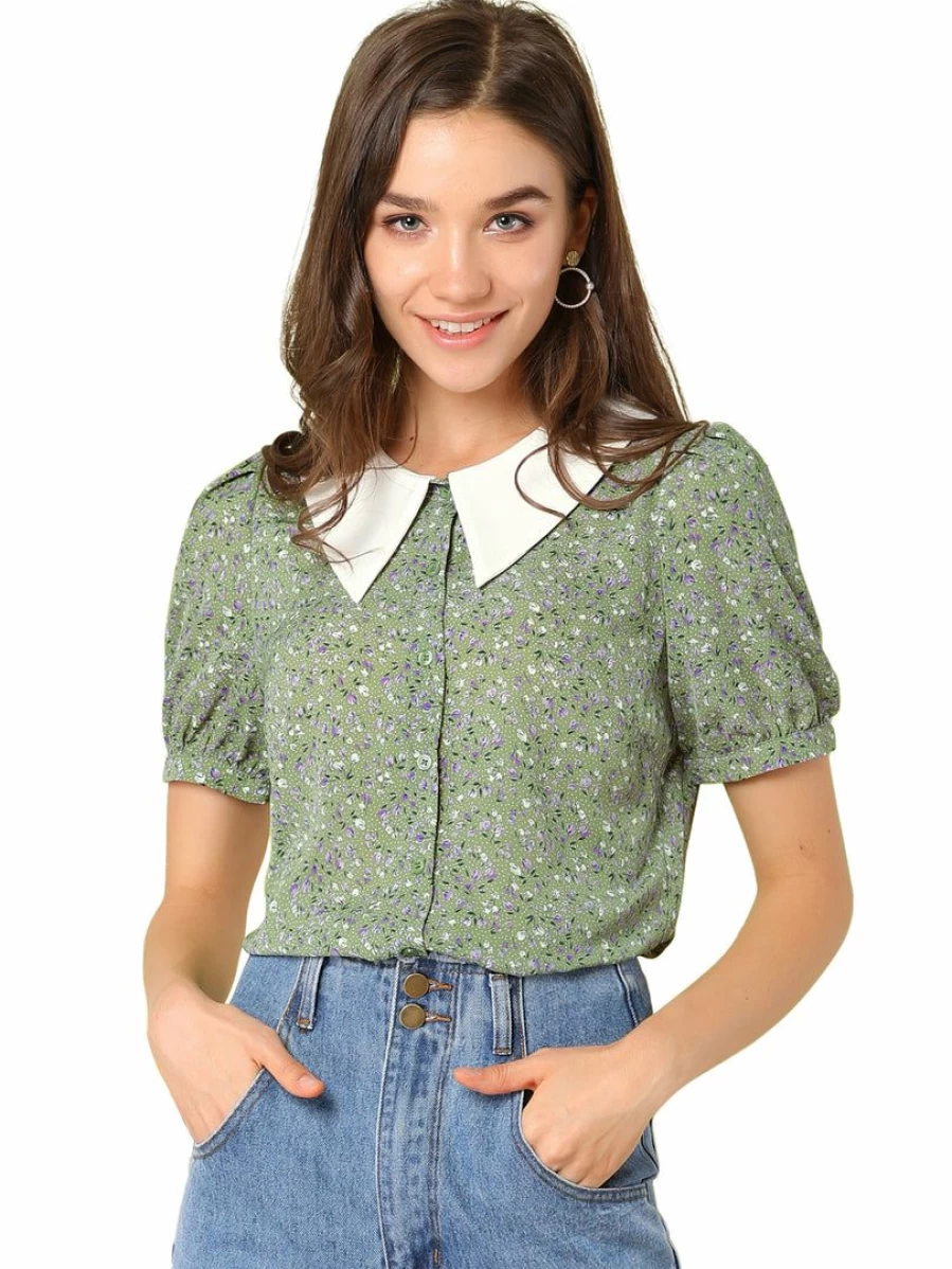 Allegra K Women's Green Floral Blouse with Turndown Collar & Bubble Sleeves Button-Up Top