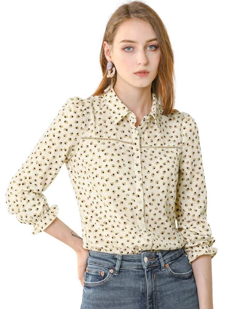 Beige Women's Heart Printed Point Collar Bow Tie Button Down Blouse
