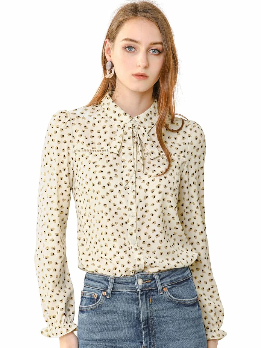Beige Women's Heart Printed Point Collar Bow Tie Button Down Blouse