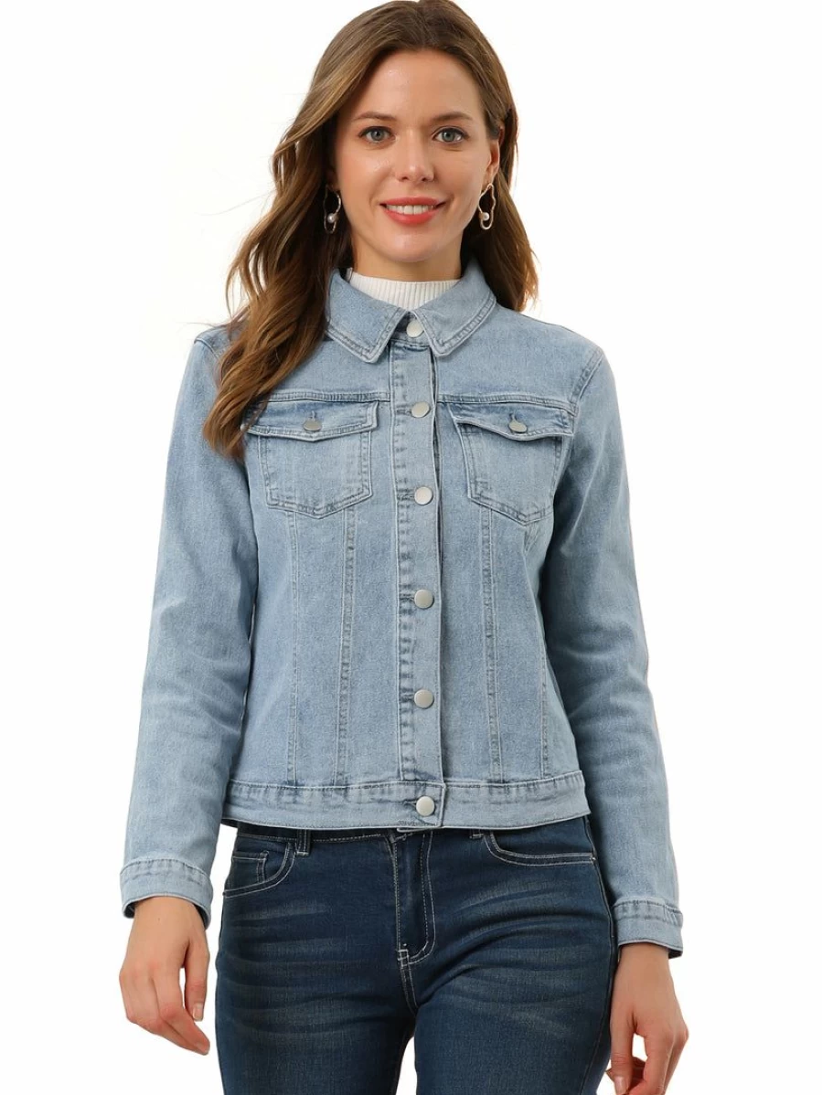 Light Blue Washed Vintage Denim Jacket for Women - Button Front Stylish Coat