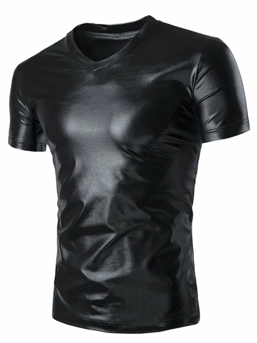 Men's Metallic Shiny V-Neck Disco Party T-Shirt for Nightclub & Slim Fit