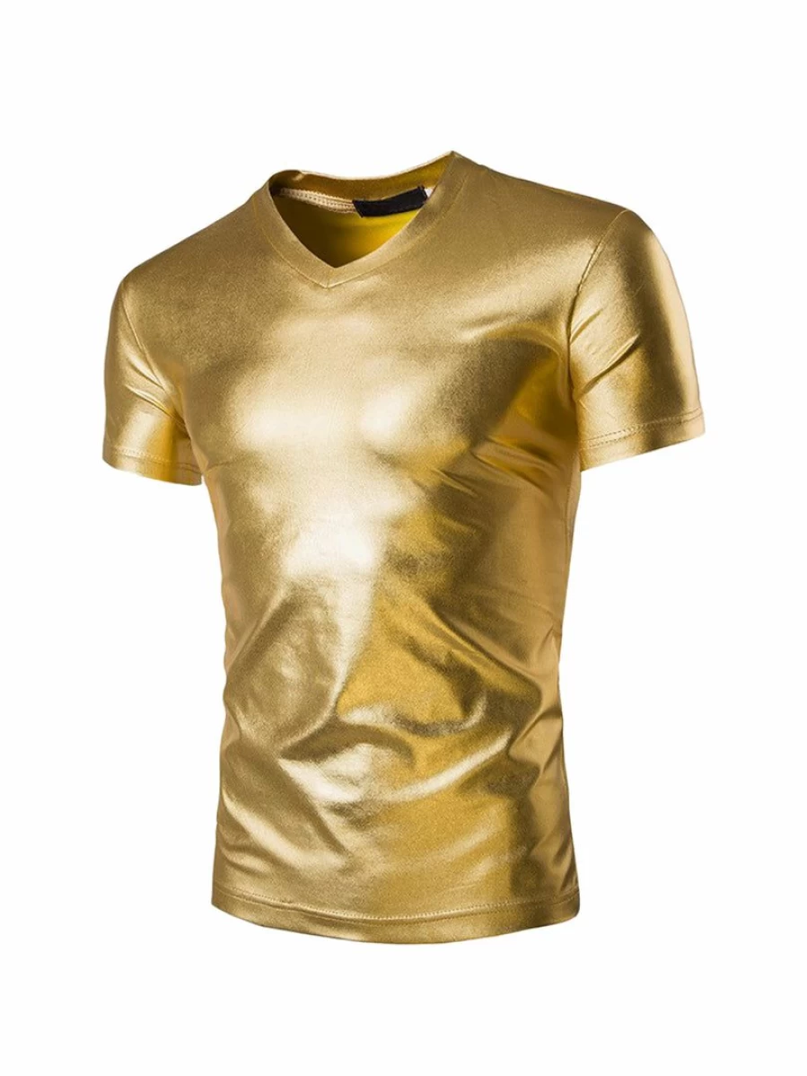 Men's Metallic Shiny V-Neck Disco Party T-Shirt for Nightclub & Slim Fit