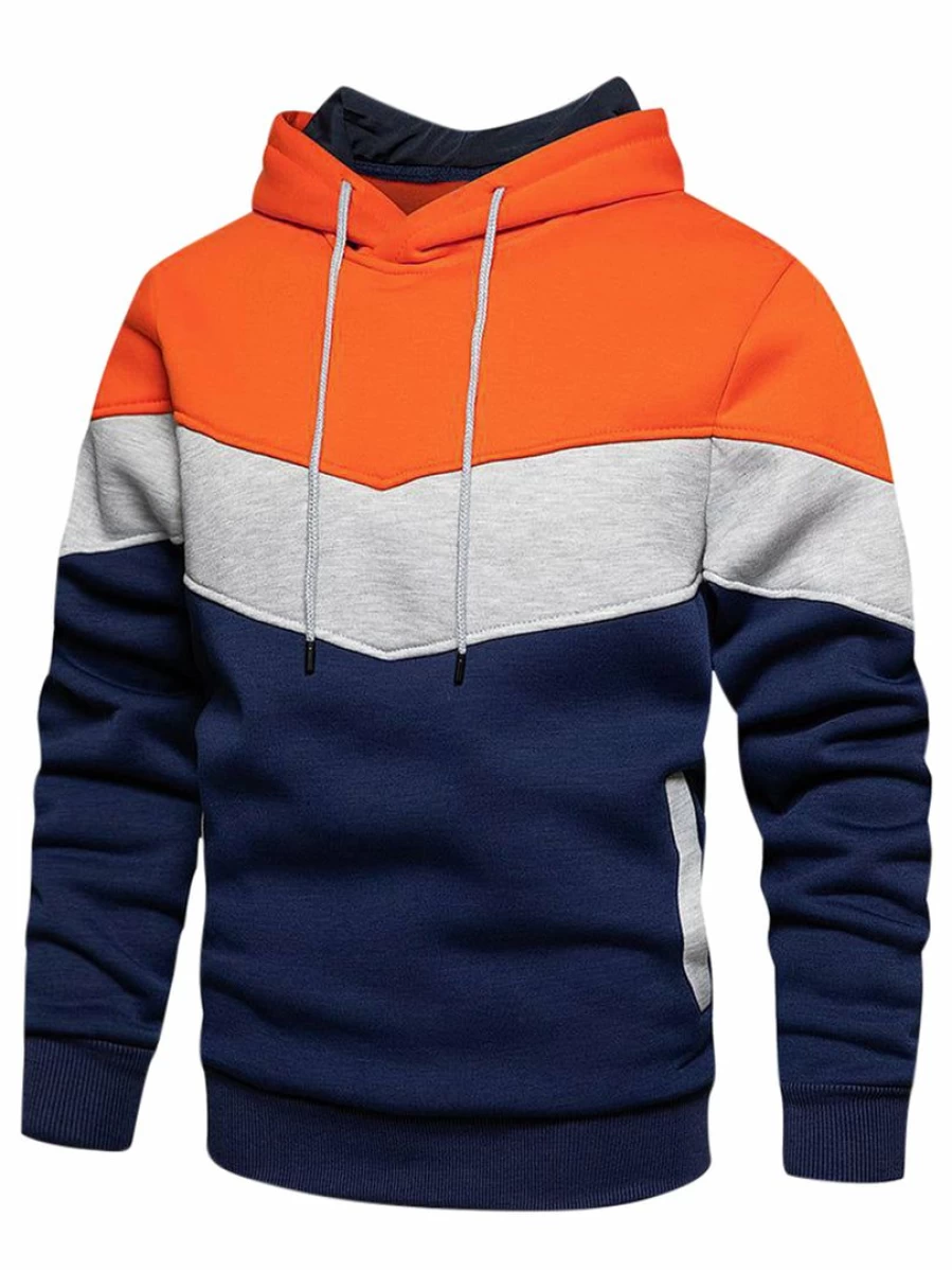 Men's Color Block Hoodie Plush Lined Pullover Sweatshirt with Pocket Casual Warm Winter Fashion
