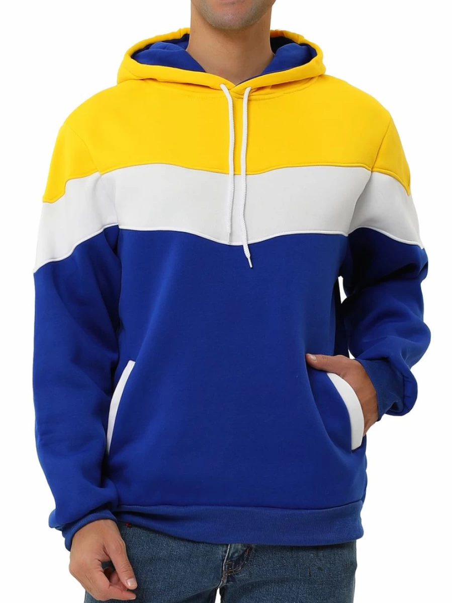 Men's Color Block Hoodie Plush Lined Pullover Sweatshirt with Pocket Casual Warm Winter Fashion