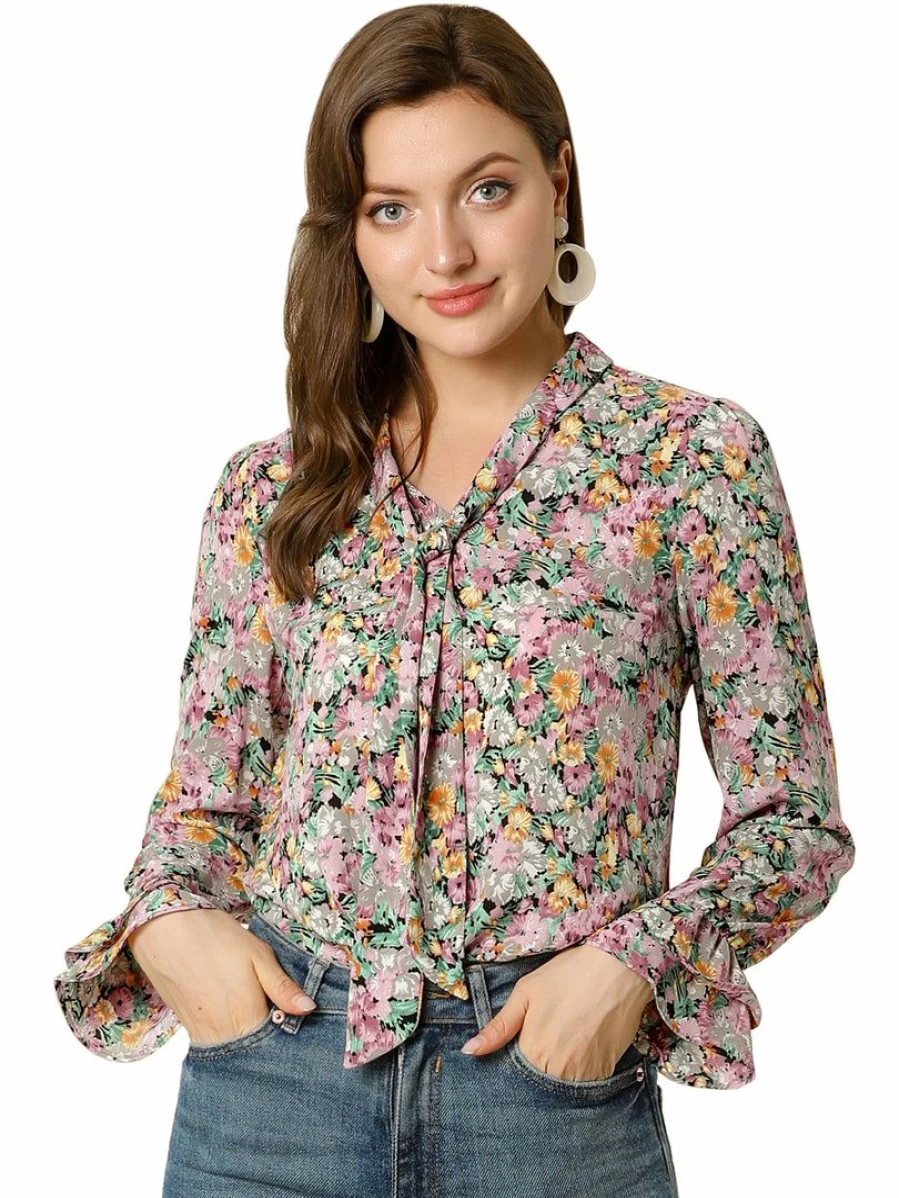 Elegant Floral Print Women's Blouse with V-Neck and Long Trumpet Sleeves
