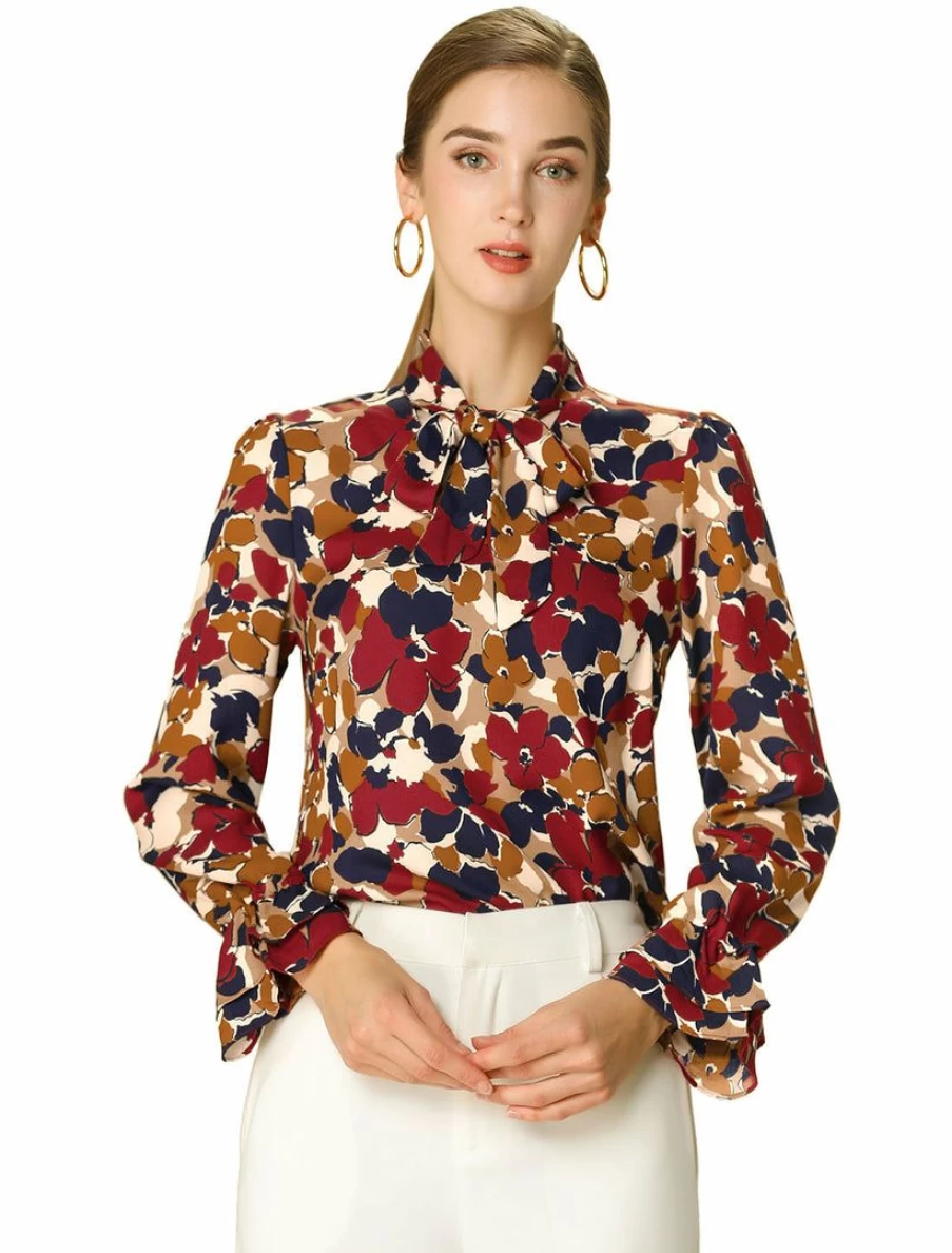 Elegant Floral Print Women's Blouse with V-Neck and Long Trumpet Sleeves