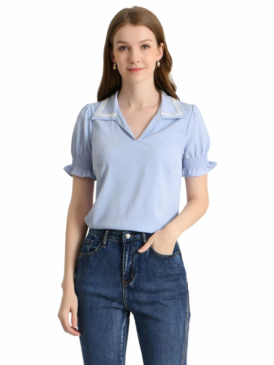 Light Blue Women's Casual V Neck Bell Sleeve Lace Trim Blouse with Turn-Down Collar