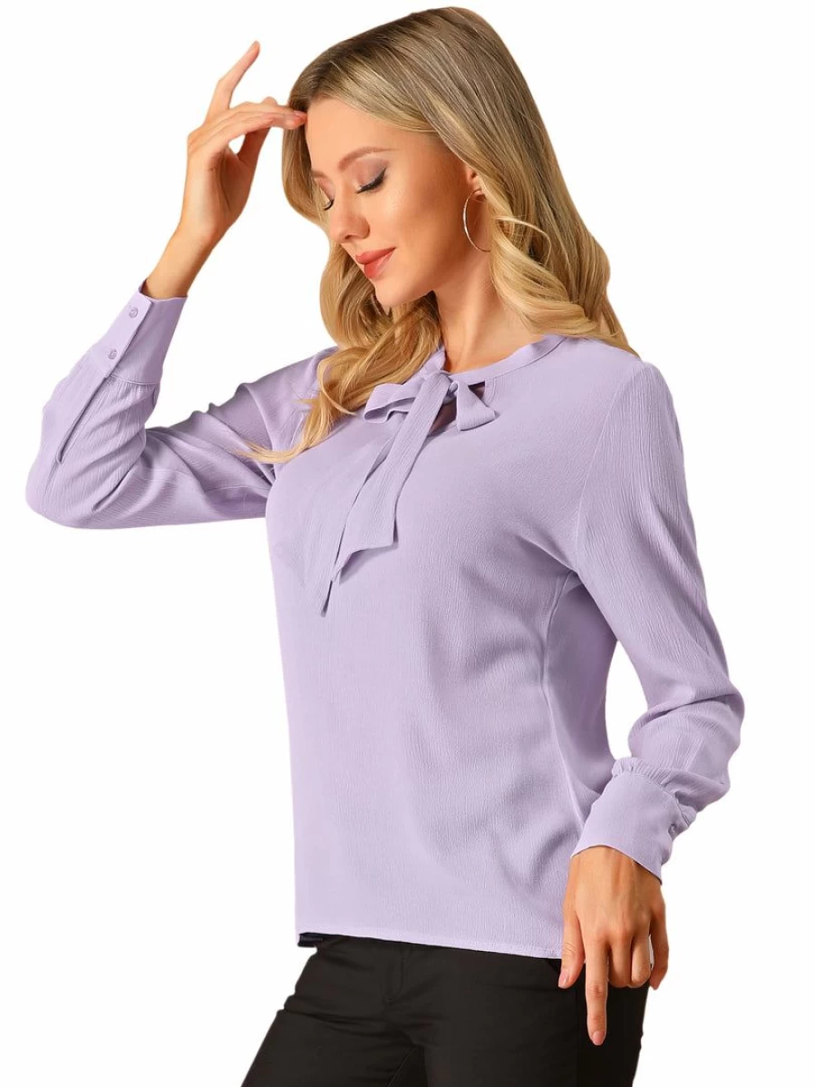 Elegant Women's Long Sleeve Blouse with Bow Tie Neck for Office and Work Wear