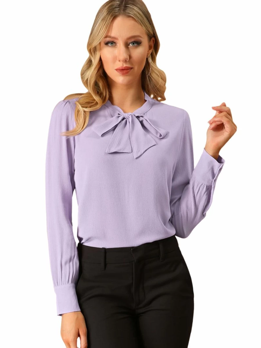 Elegant Women's Long Sleeve Blouse with Bow Tie Neck for Office and Work Wear
