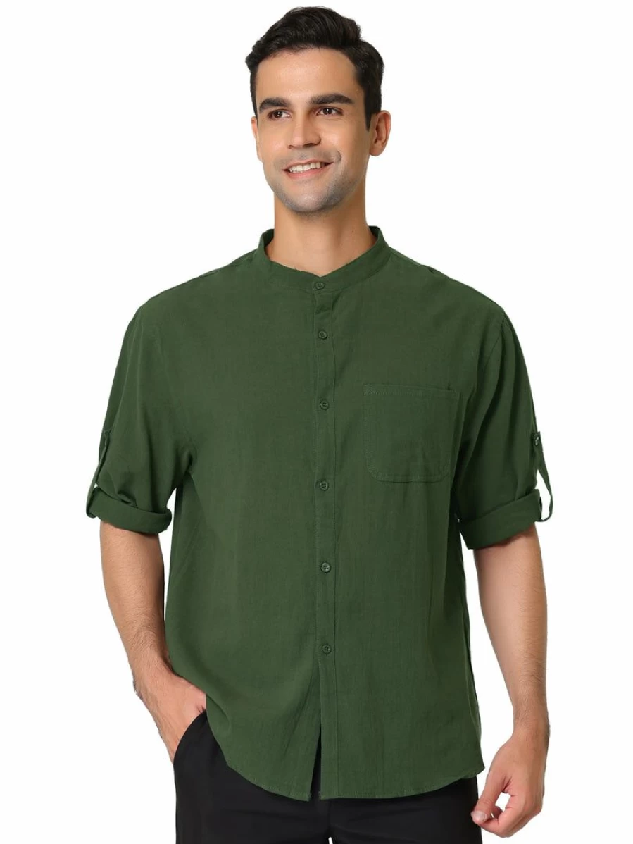 Men's Casual Linen Shirt with Roll-Up 3/4 Sleeves and Band Collar for Beach Wear