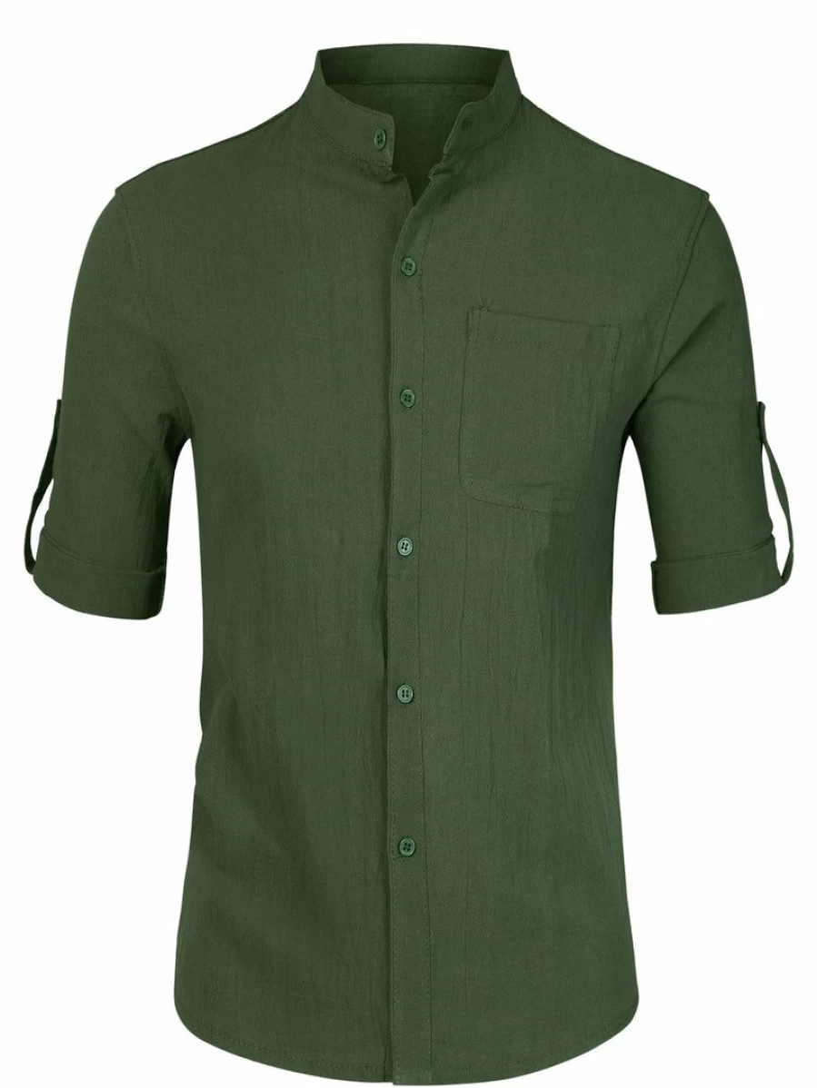 Men's Casual Linen Shirt with Roll-Up 3/4 Sleeves and Band Collar for Beach Wear