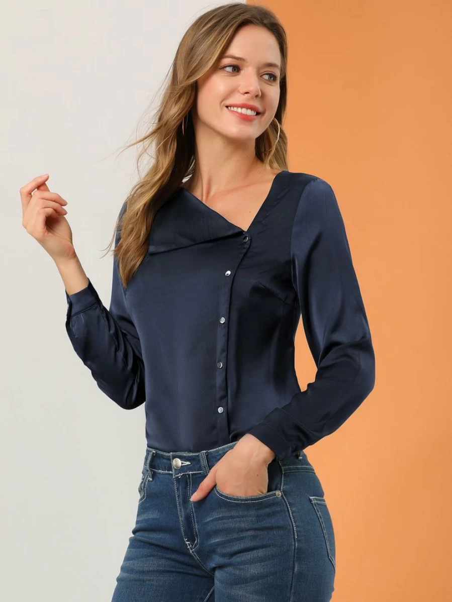 Dark Blue Long Sleeve Satin V-Neck Blouse for Women - Office & Casual Wear