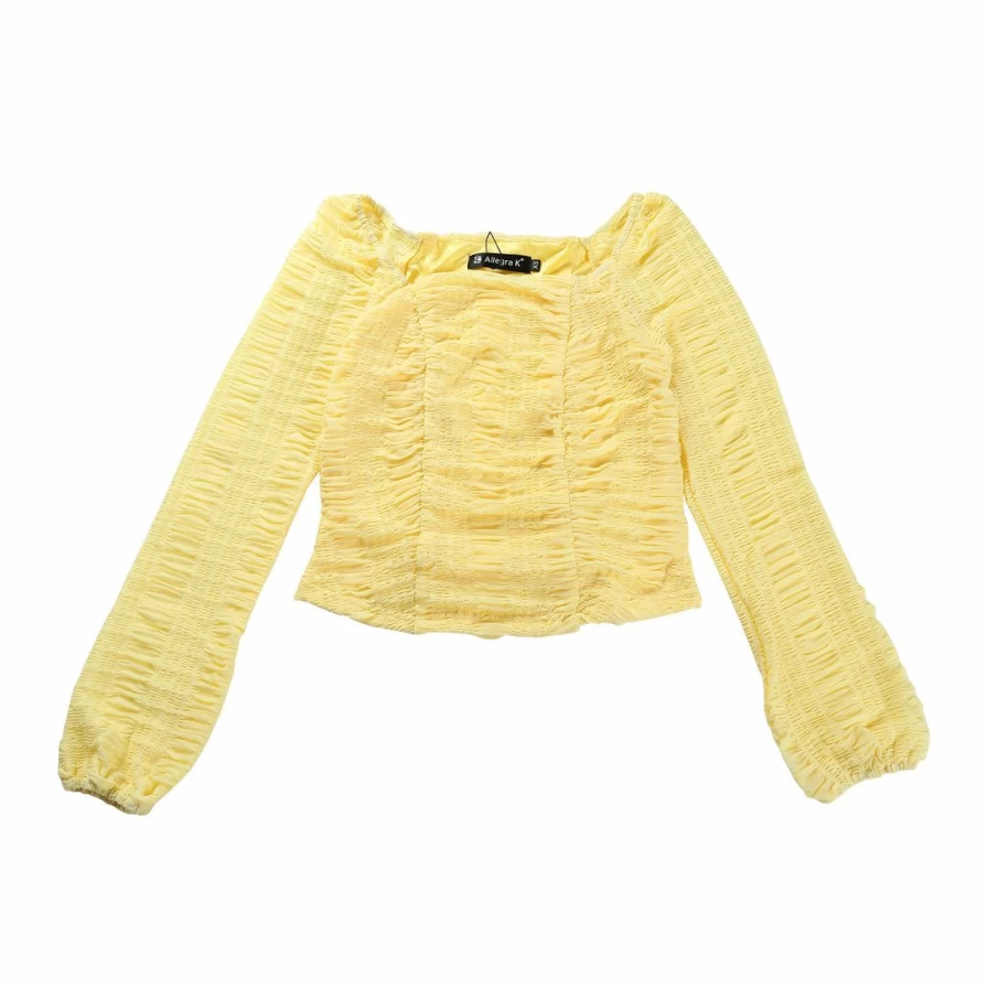 Yellow Square Neck Ruched Pleated Long Sleeve Crop Blouse for Women