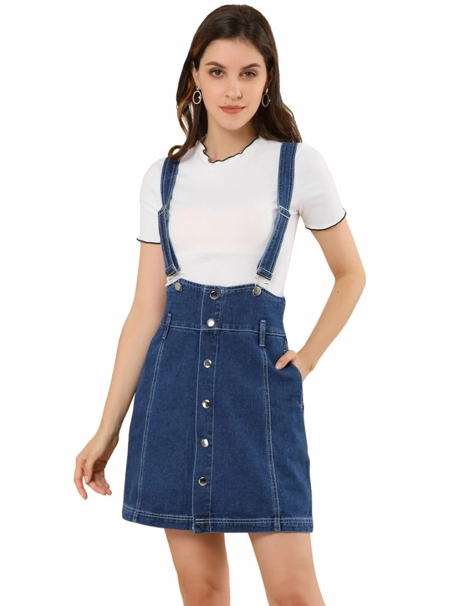 Blue High Waist Denim Suspender Skirt Dress for Women - Casual Button Front Overalls