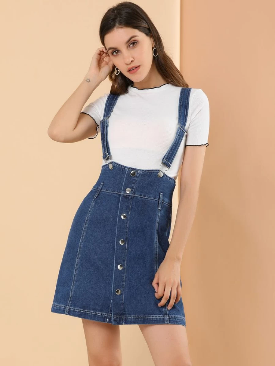 Blue High Waist Denim Suspender Skirt Dress for Women - Casual Button Front Overalls