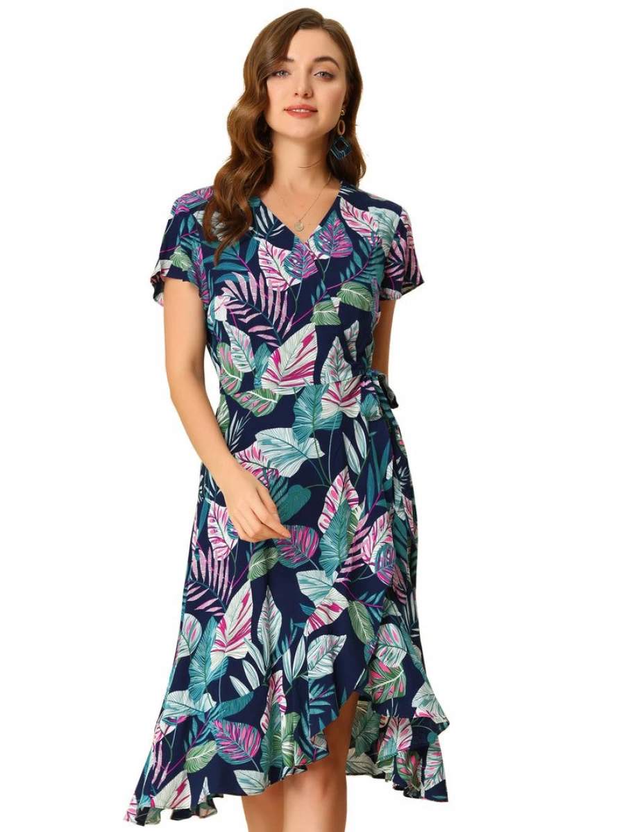 Allegra K Women's Deep Blue Midi Wrap Dress Tropical Floral Fit and Flare Summer