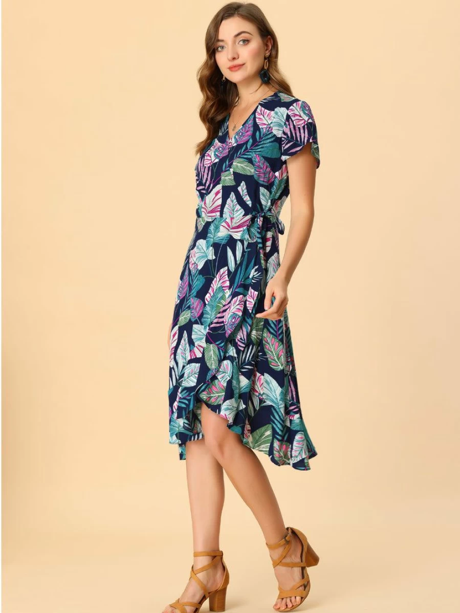 Allegra K Women's Deep Blue Midi Wrap Dress Tropical Floral Fit and Flare Summer