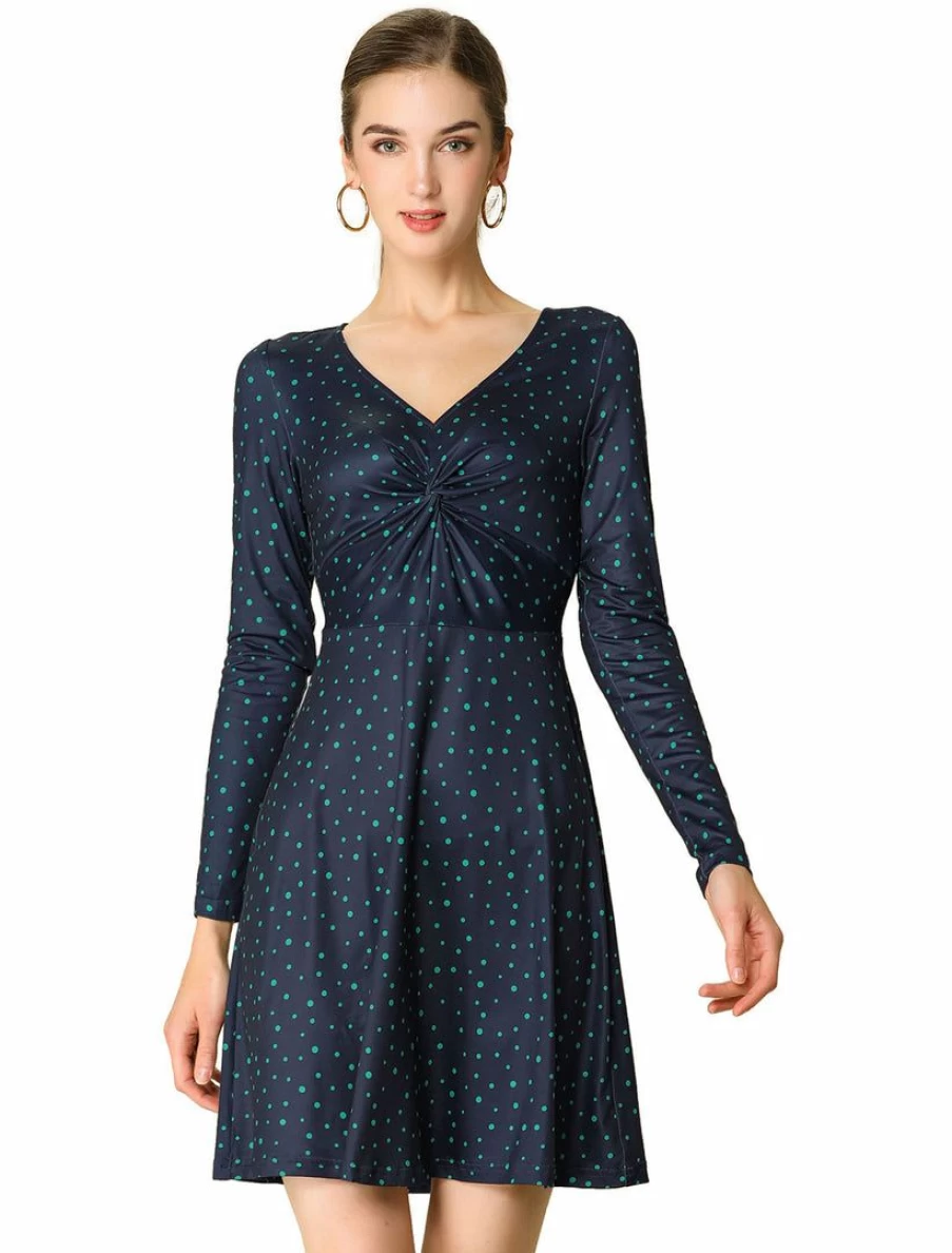 Dark Blue Floral Print Long Sleeve V-Neck Dress for Women - Elegant Casual Party Wear
