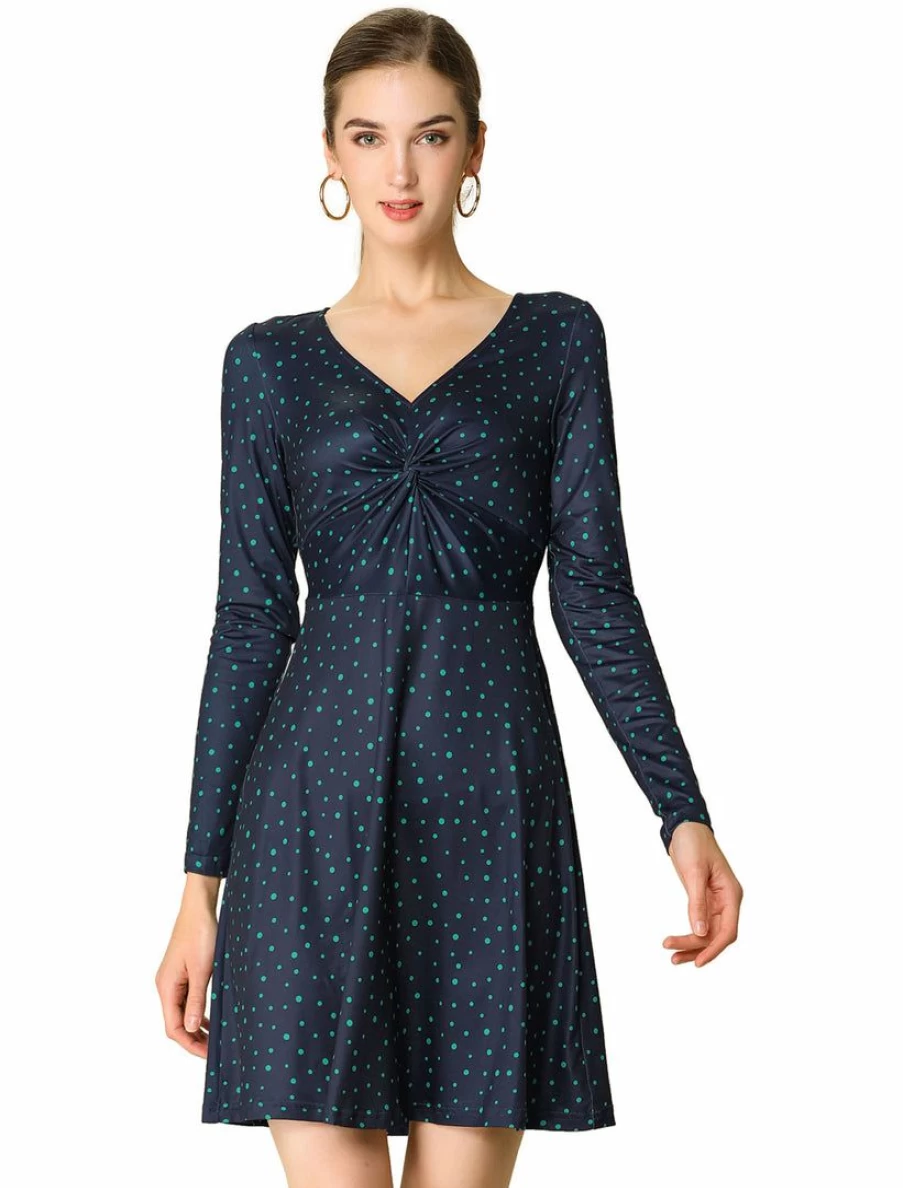 Dark Blue Floral Print Long Sleeve V-Neck Dress for Women - Elegant Casual Party Wear