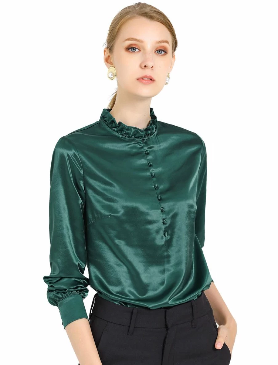 Allegra K Women's Dark Green Ruffle Mock Neck Long Sleeve Blouse Button Front Casual Work Shirt