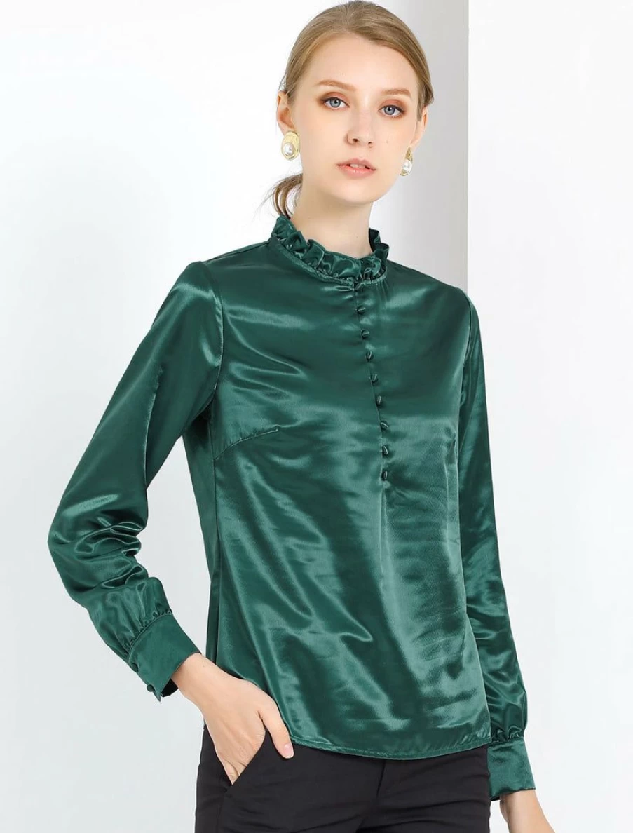 Allegra K Women's Dark Green Ruffle Mock Neck Long Sleeve Blouse Button Front Casual Work Shirt