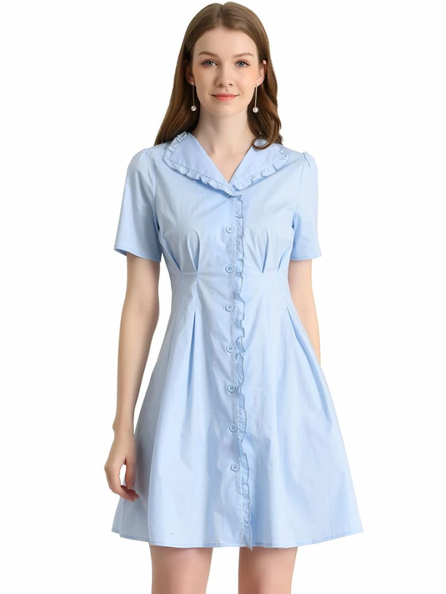 Light Blue Women's Ruffle Front Ruched Waist A-Line Dress with Button Up Detail