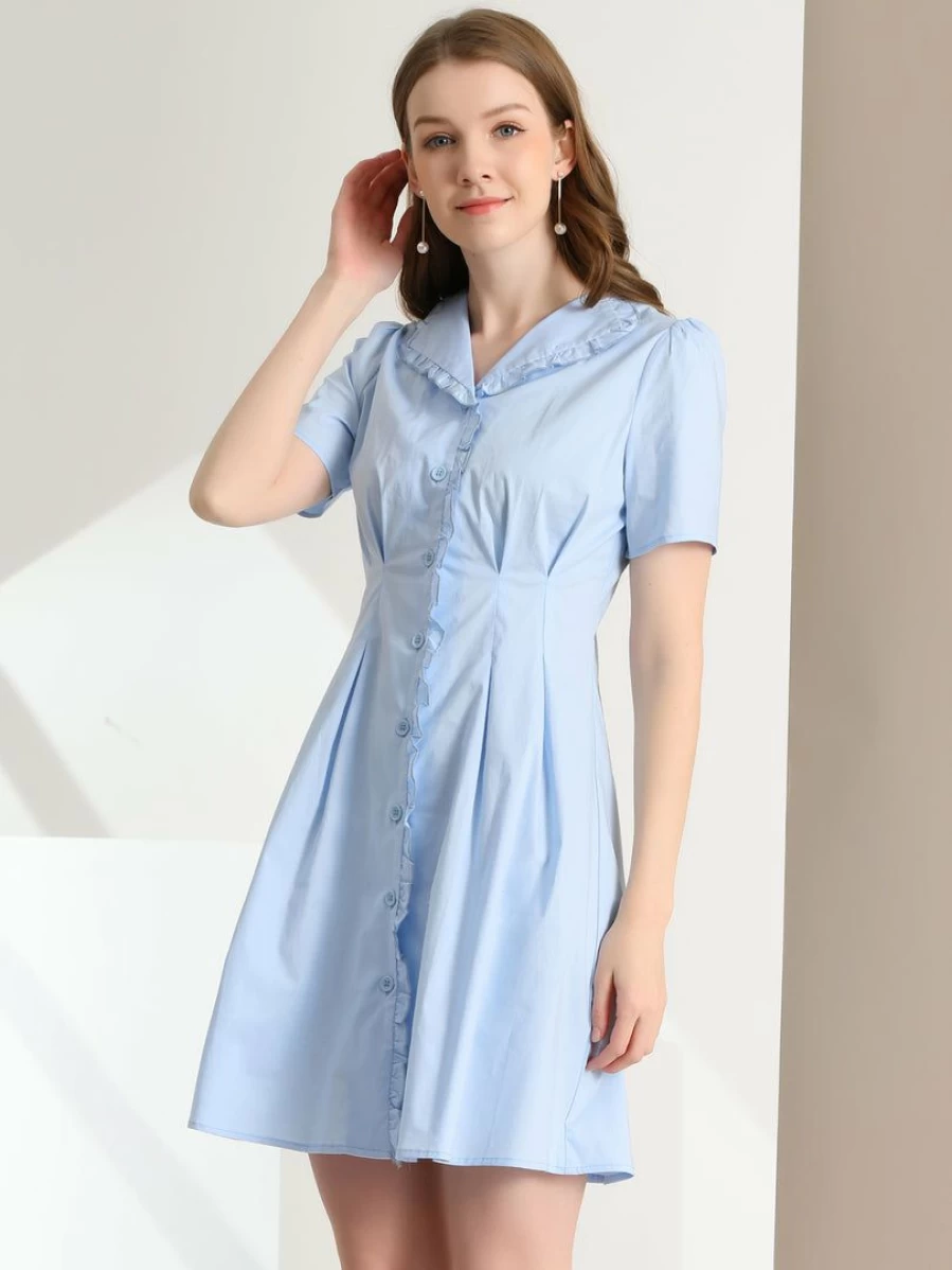 Light Blue Women's Ruffle Front Ruched Waist A-Line Dress with Button Up Detail
