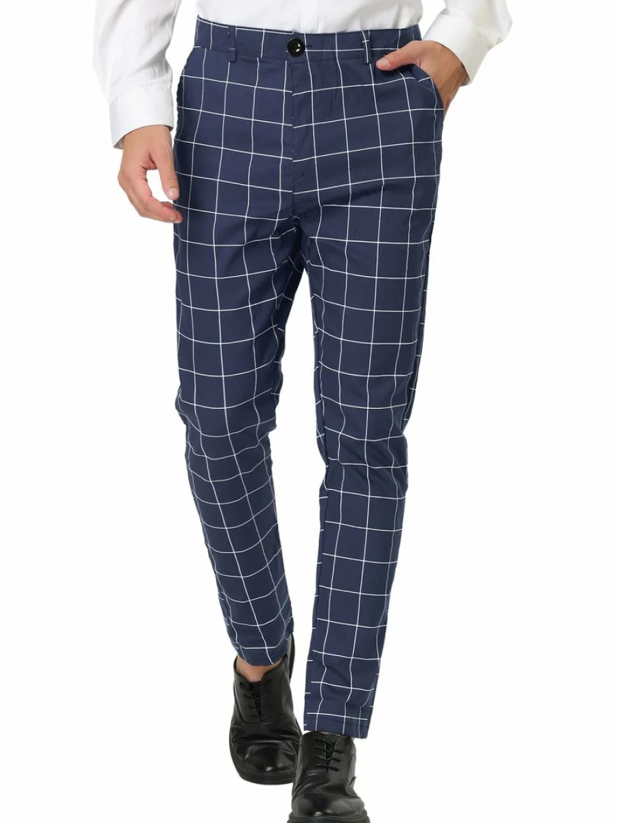 Men's Slim Fit Plaid Dress Pants for Business with Pockets - Checked Formal Trousers