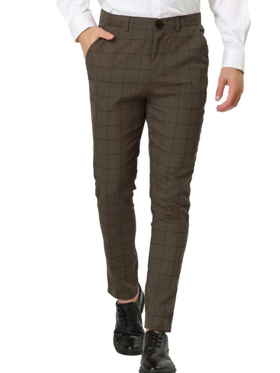 Men's Slim Fit Plaid Dress Pants for Business with Pockets - Checked Formal Trousers