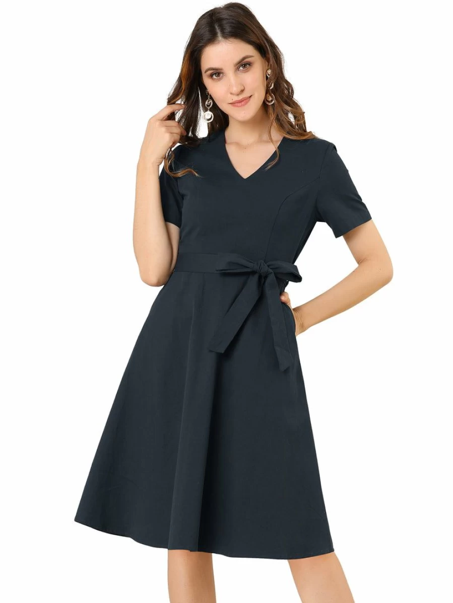 Vintage Dark Blue Bow Tie Waist V-Neck Fit and Flare A-Line Midi Dress for Women