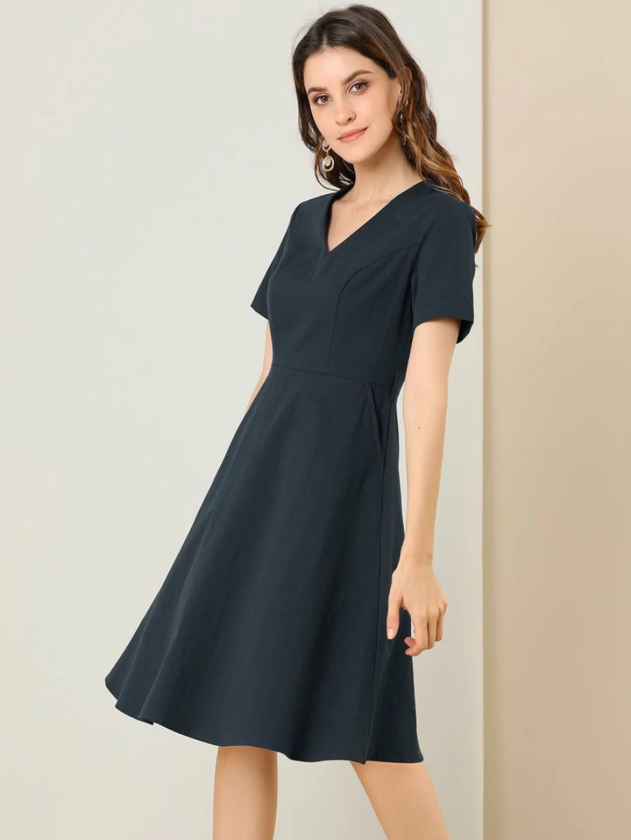 Vintage Dark Blue Bow Tie Waist V-Neck Fit and Flare A-Line Midi Dress for Women