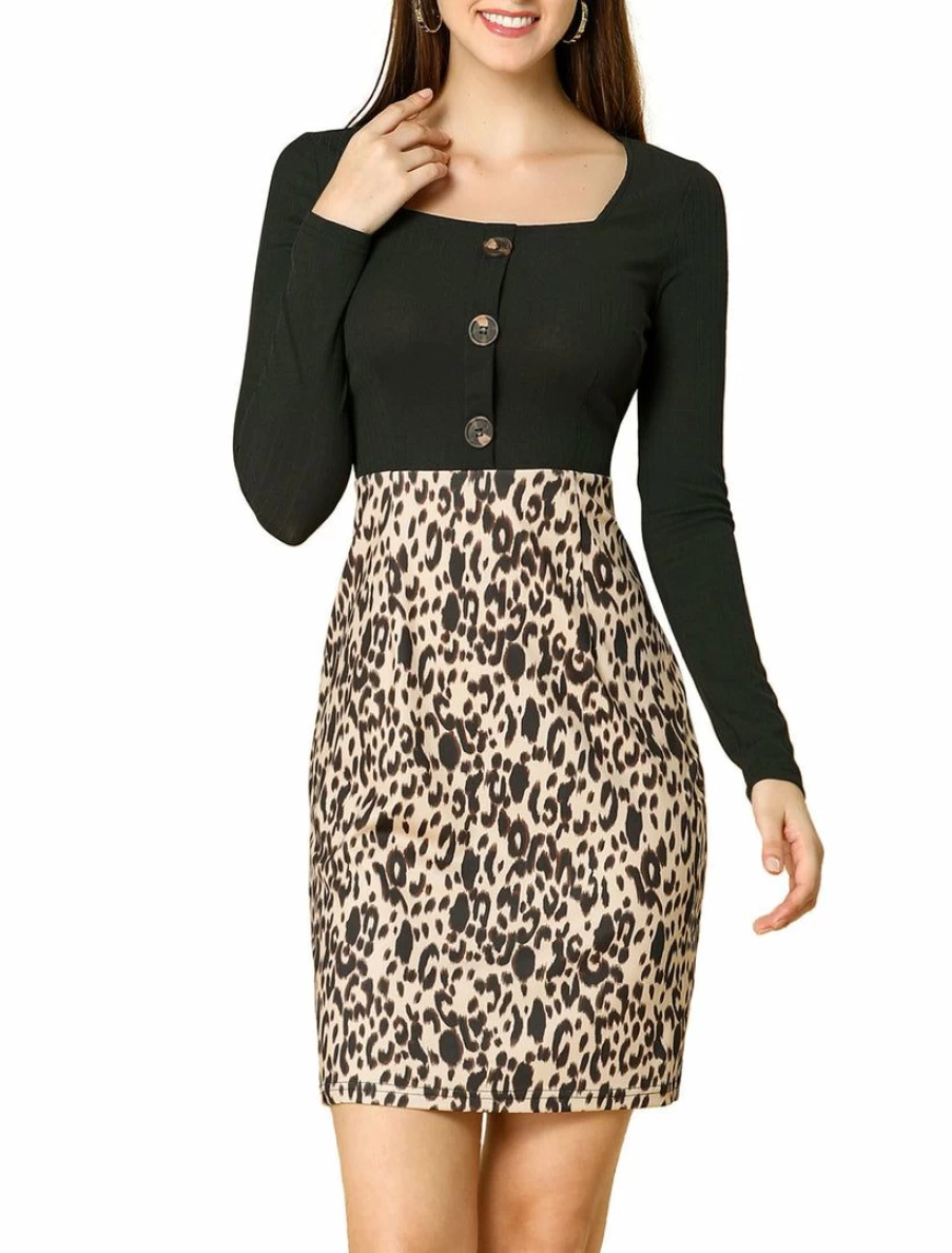 Black Leopard Print Square Neck Long Sleeves Button Bodycon Dress for Women