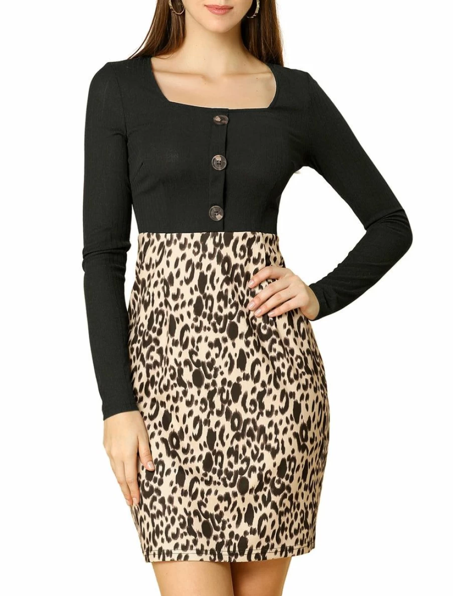Black Leopard Print Square Neck Long Sleeves Button Bodycon Dress for Women