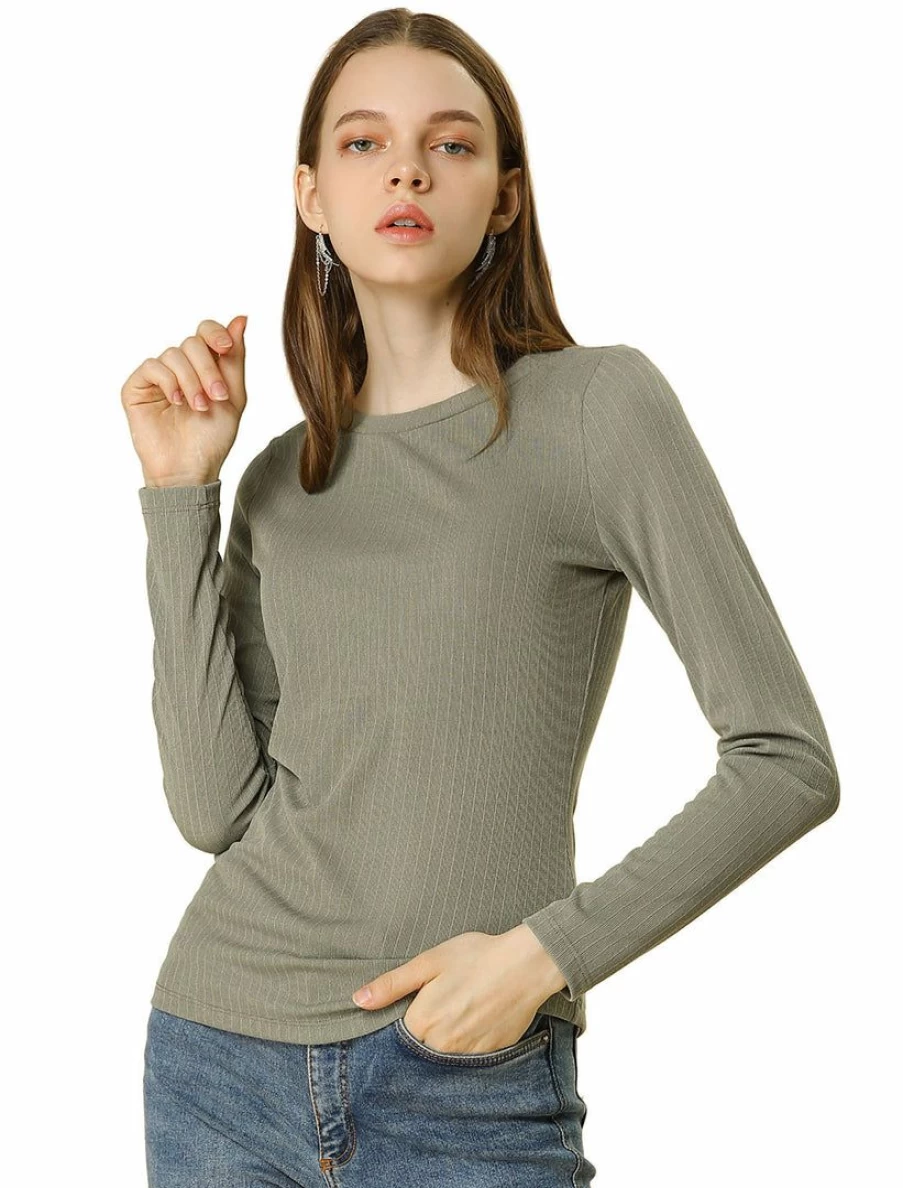 Women's Slim Fit Ribbed Knit Top - Crew Neck Stretchable Soft Comfortable Long Sleeve Casual T-Shirt