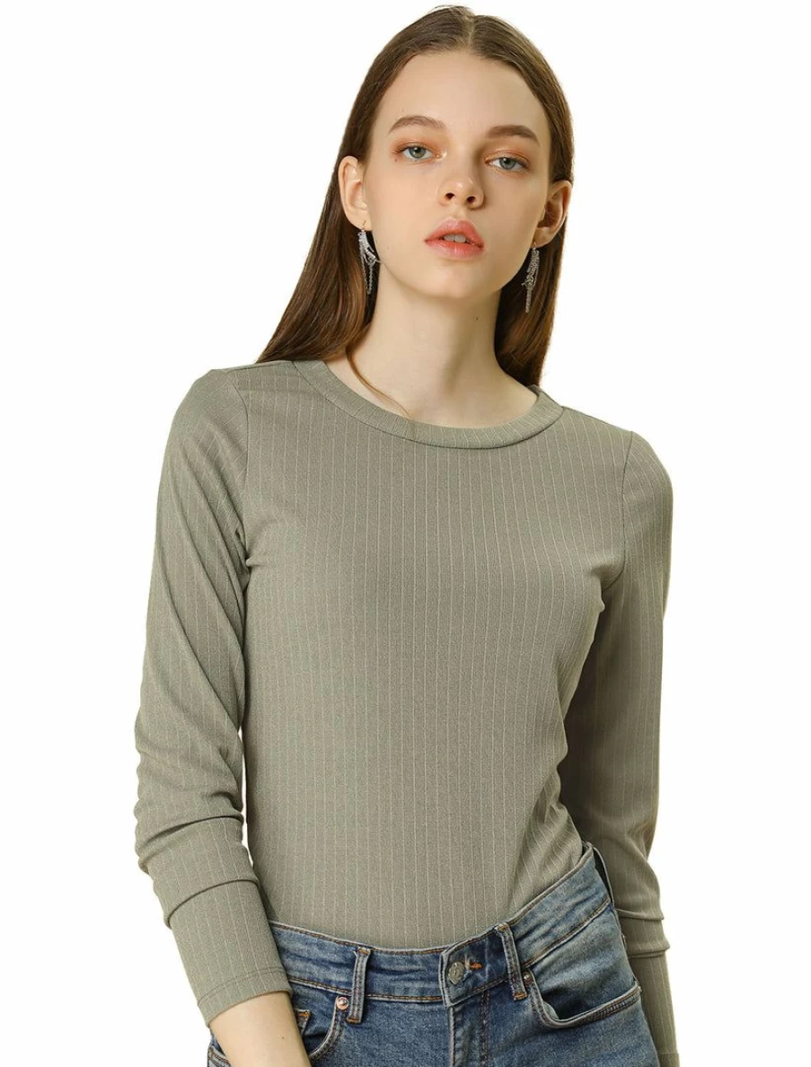 Women's Slim Fit Ribbed Knit Top - Crew Neck Stretchable Soft Comfortable Long Sleeve Casual T-Shirt