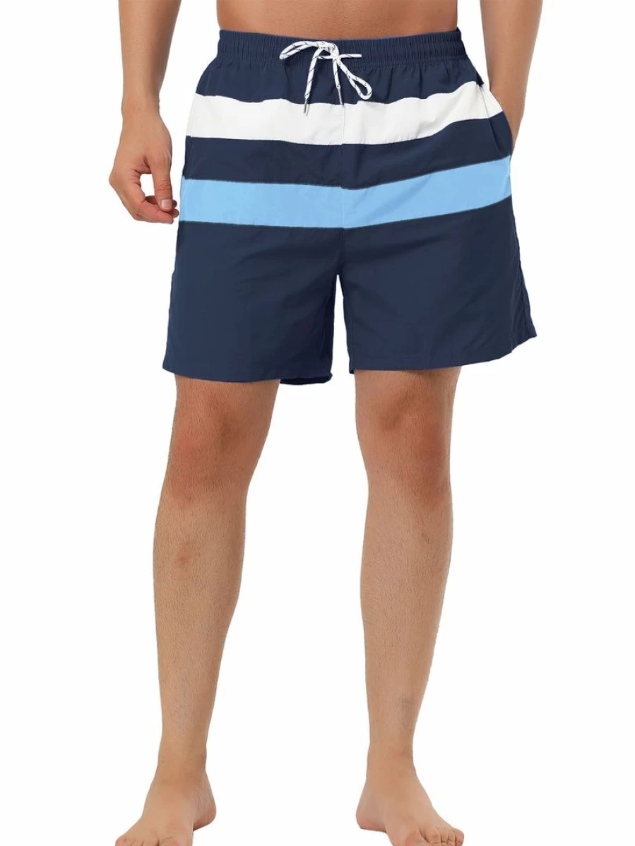 Men's Striped Swim Shorts with Drawstring Waist - Summer Beach Board Shorts Color Block Design