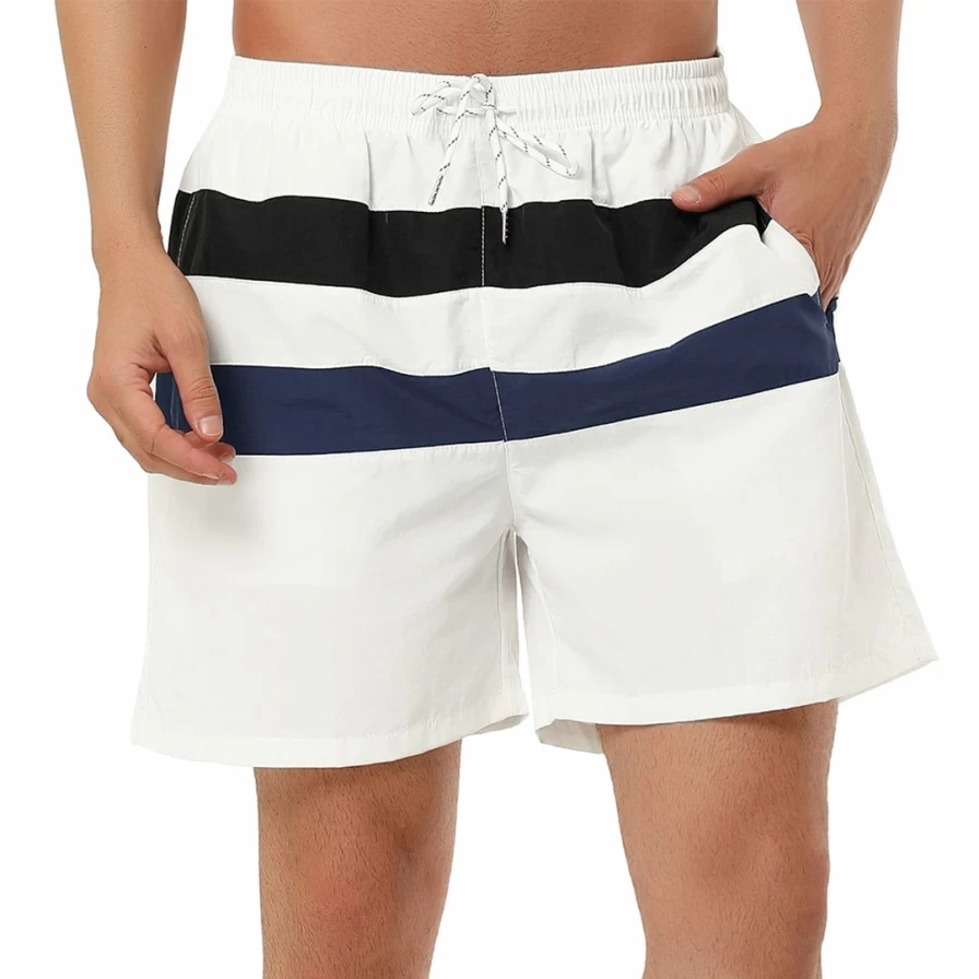 Men's Striped Swim Shorts with Drawstring Waist - Summer Beach Board Shorts Color Block Design