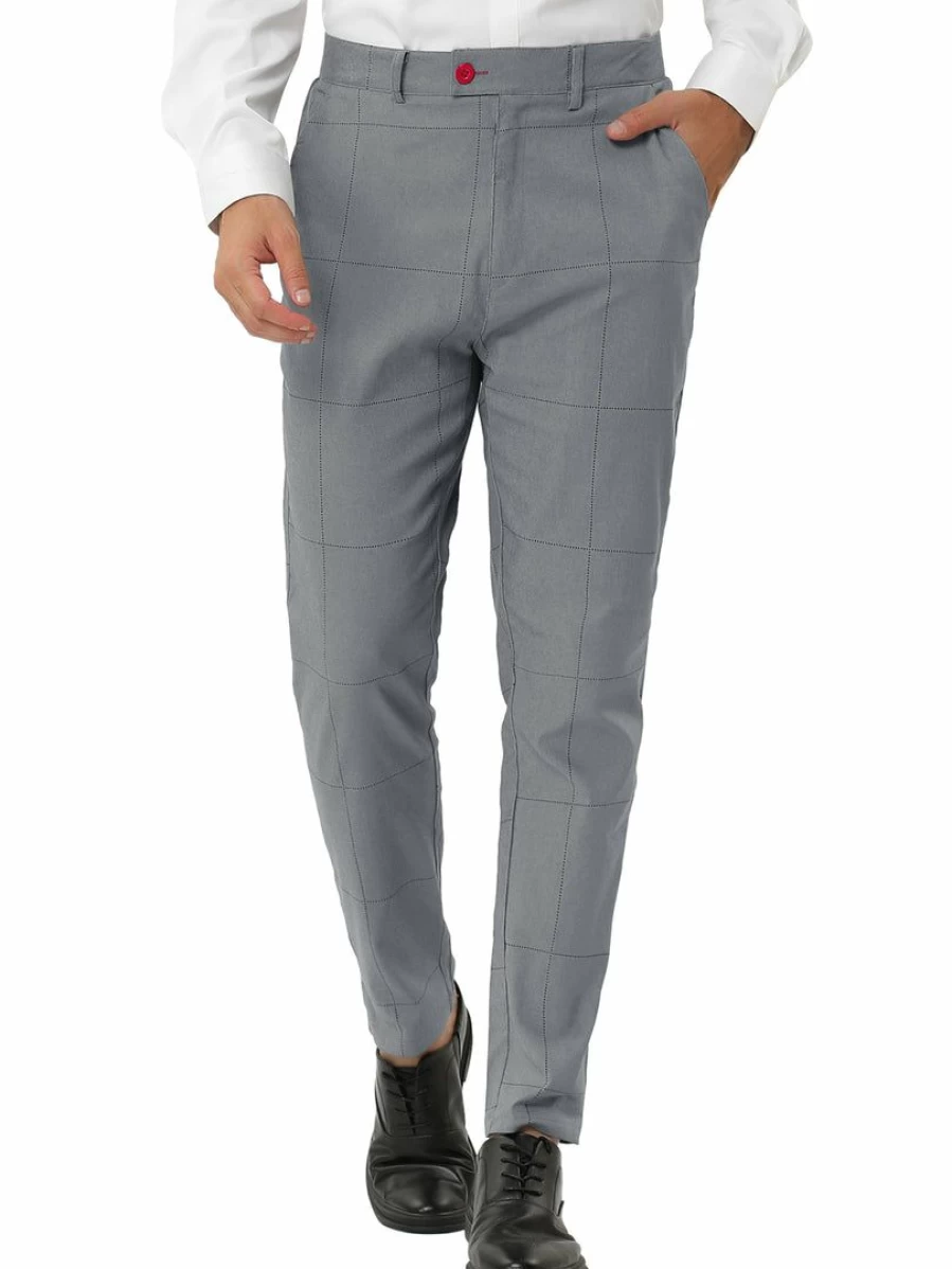 Men's Slim Fit Checked Business Trousers - Flat Front Plaid Dress Pants for Office Wear
