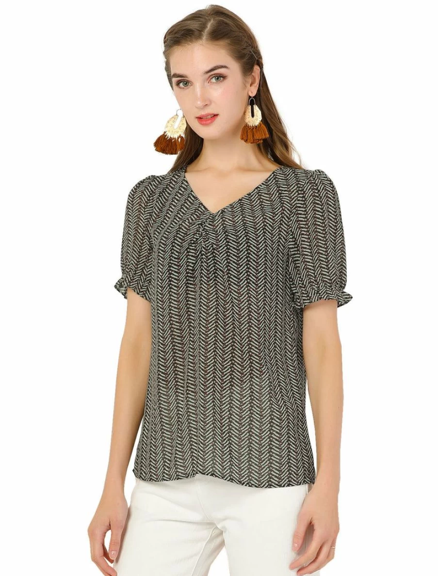 Women's Ruffled Chiffon Short Sleeve Blouse with Playful Dog Print Tee