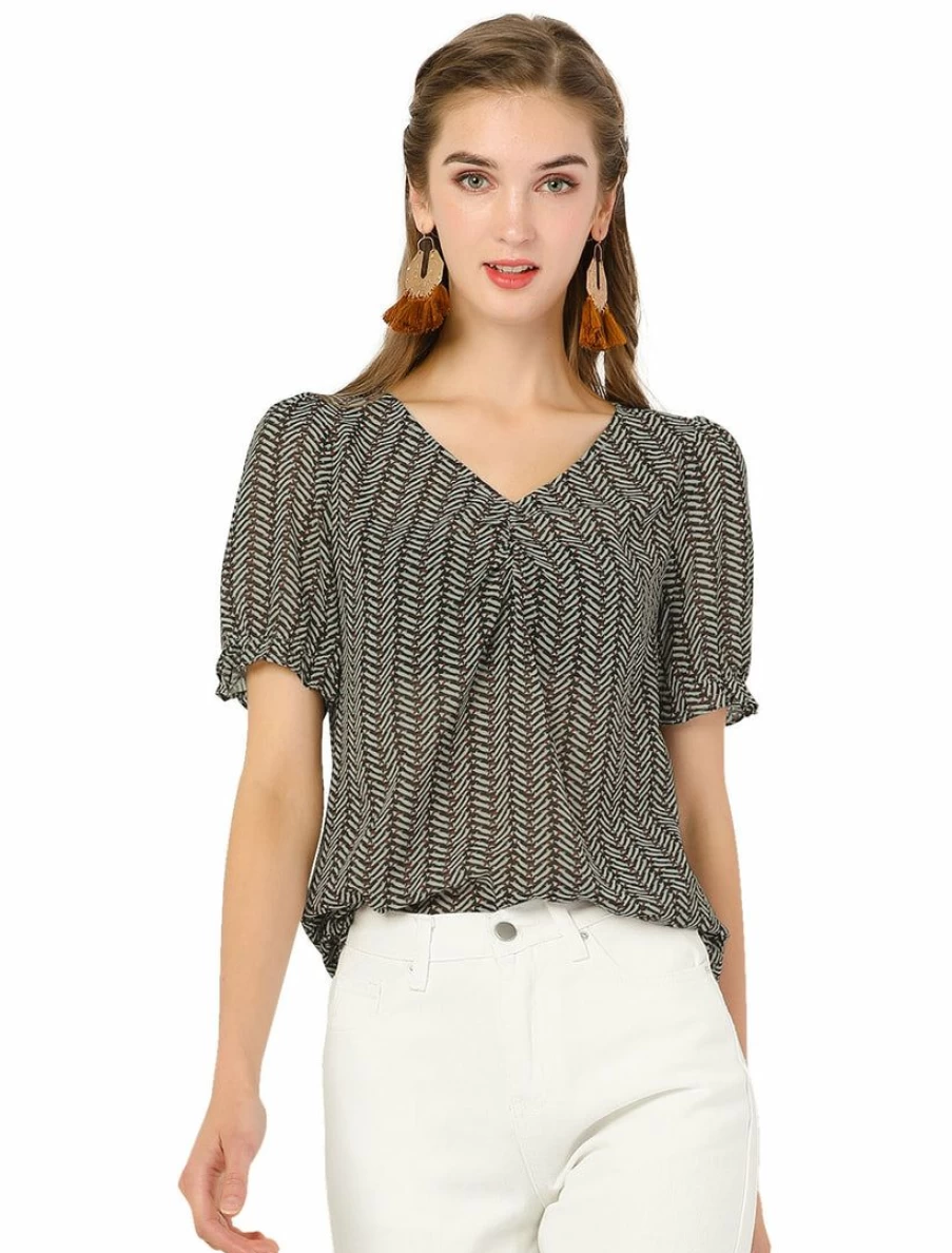 Women's Ruffled Chiffon Short Sleeve Blouse with Playful Dog Print Tee