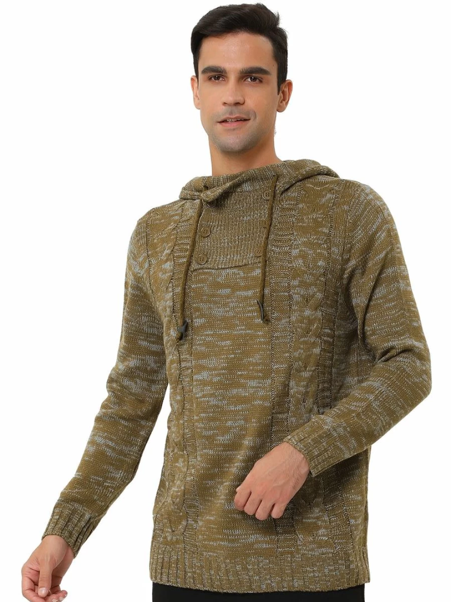 Men's Winter Knit Hoodie with Drawstring Long Sleeve Turtleneck Pullover Sweater