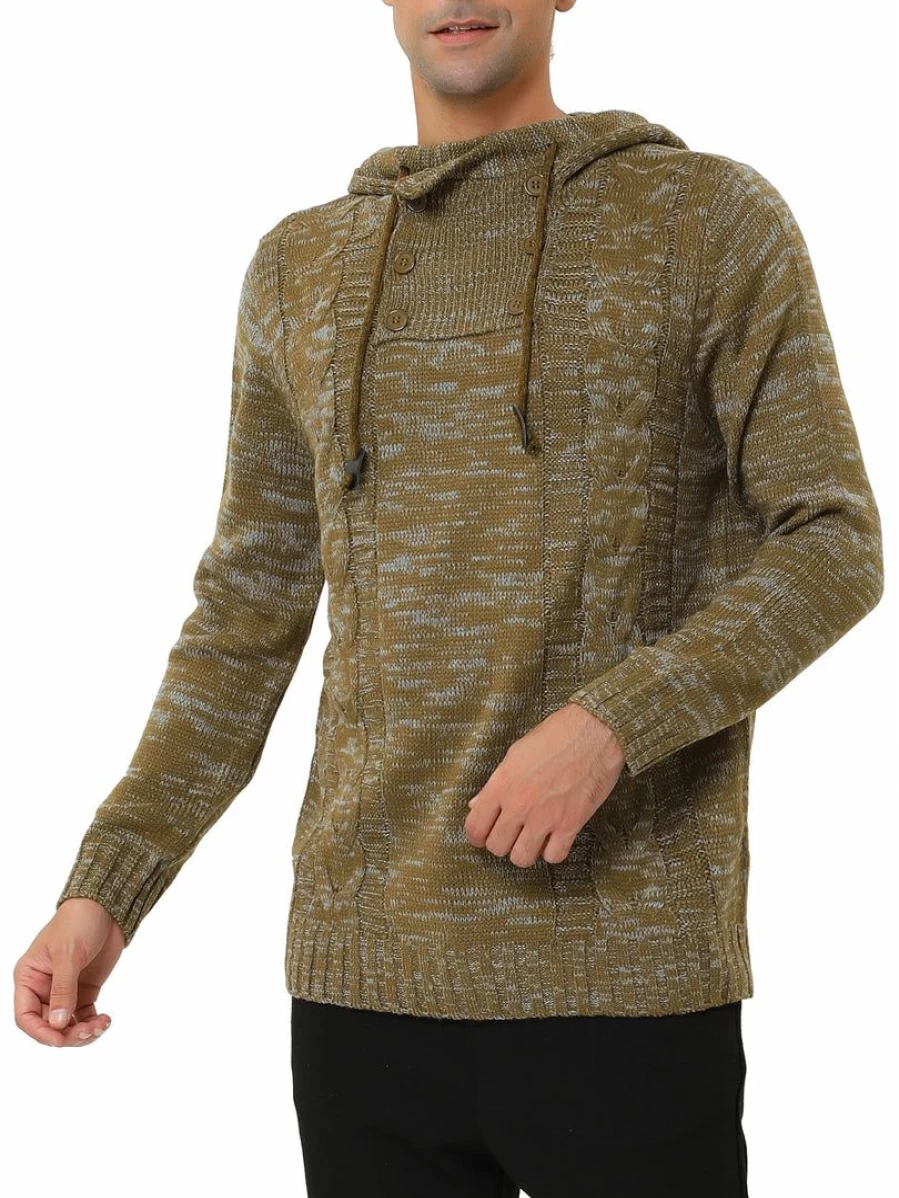 Men's Winter Knit Hoodie with Drawstring Long Sleeve Turtleneck Pullover Sweater