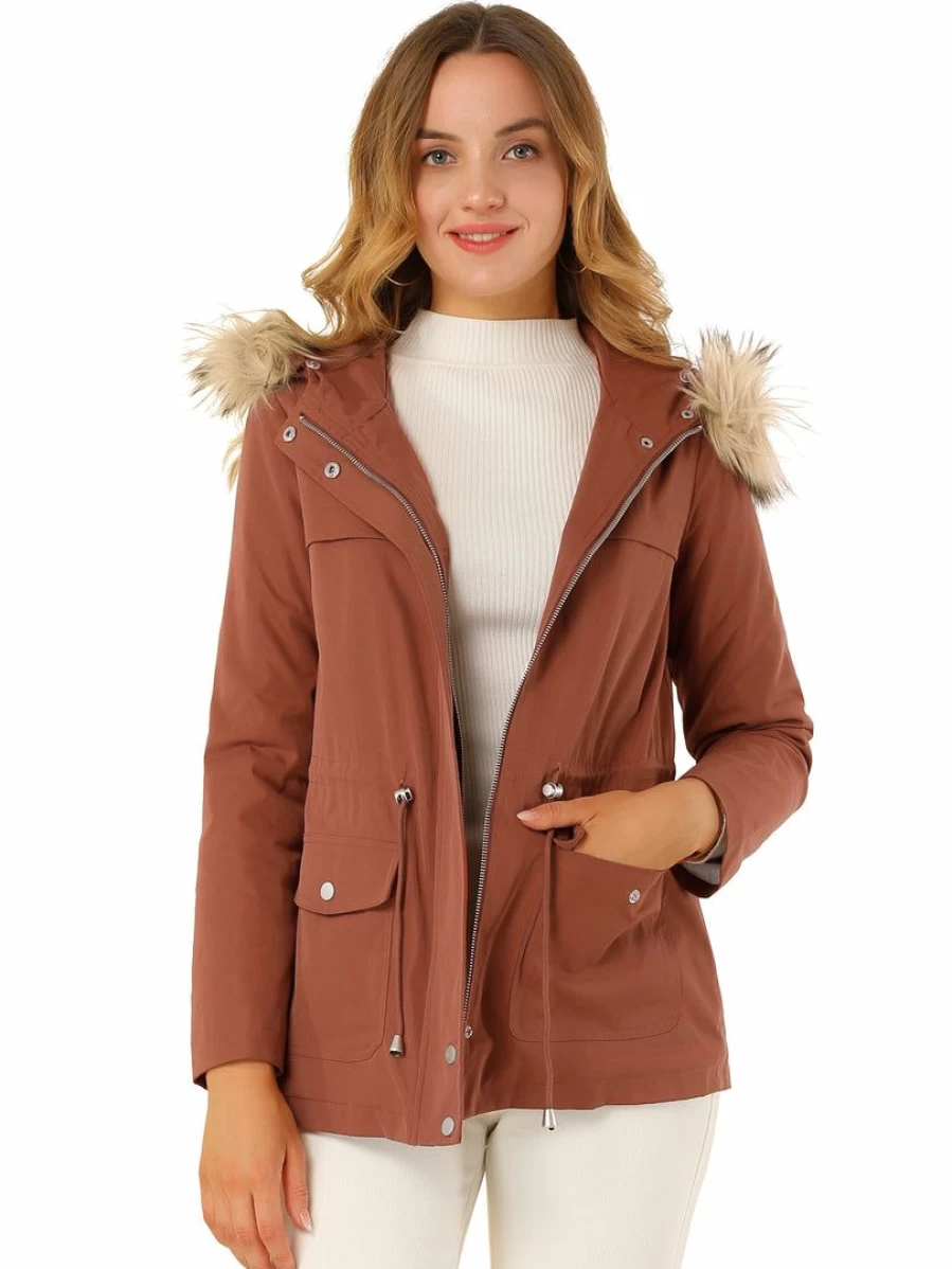 Allegra K Women's Brisk Red Faux Fur Trim Hooded Winter Coat Warm Lined Cotton Parka