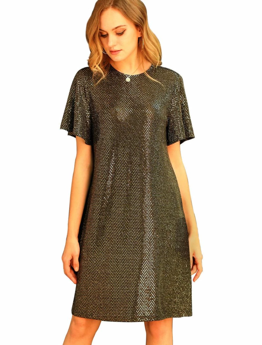 Black Sequin Flutter Short Sleeve Metallic Party Dress for Women