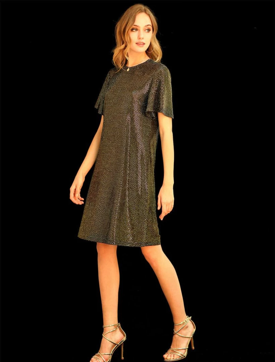 Black Sequin Flutter Short Sleeve Metallic Party Dress for Women