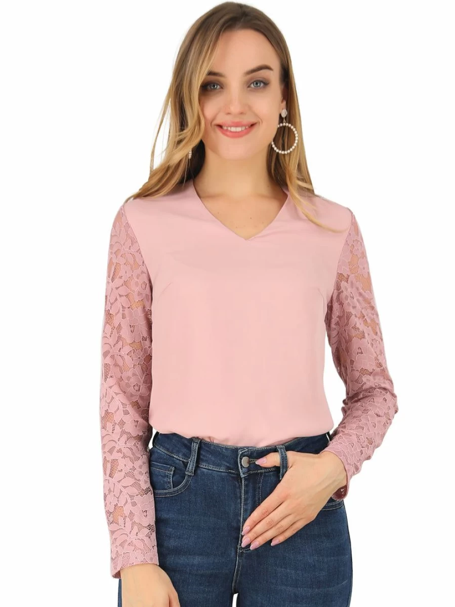 Women's Floral Lace Blouse Long Sleeve V-Neck Casual Top