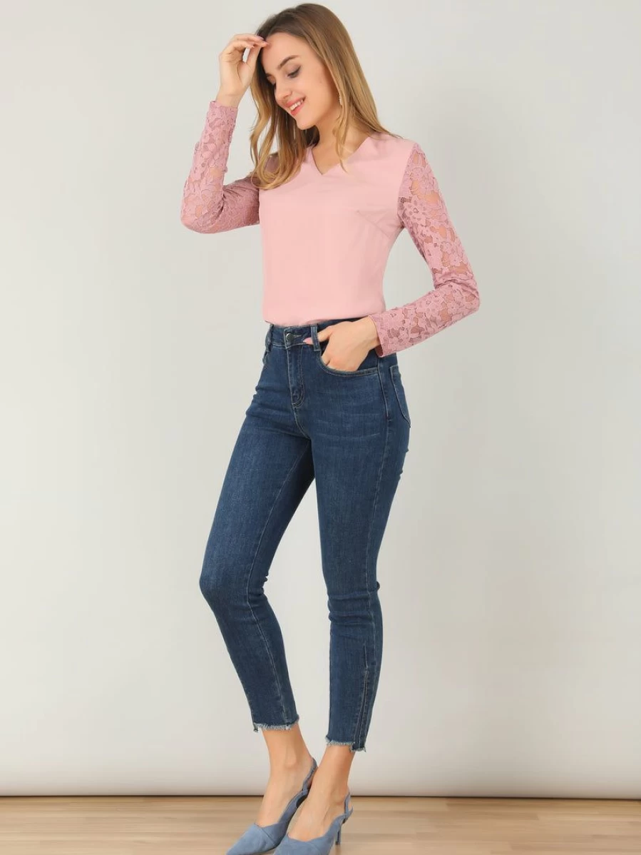 Women's Floral Lace Blouse Long Sleeve V-Neck Casual Top